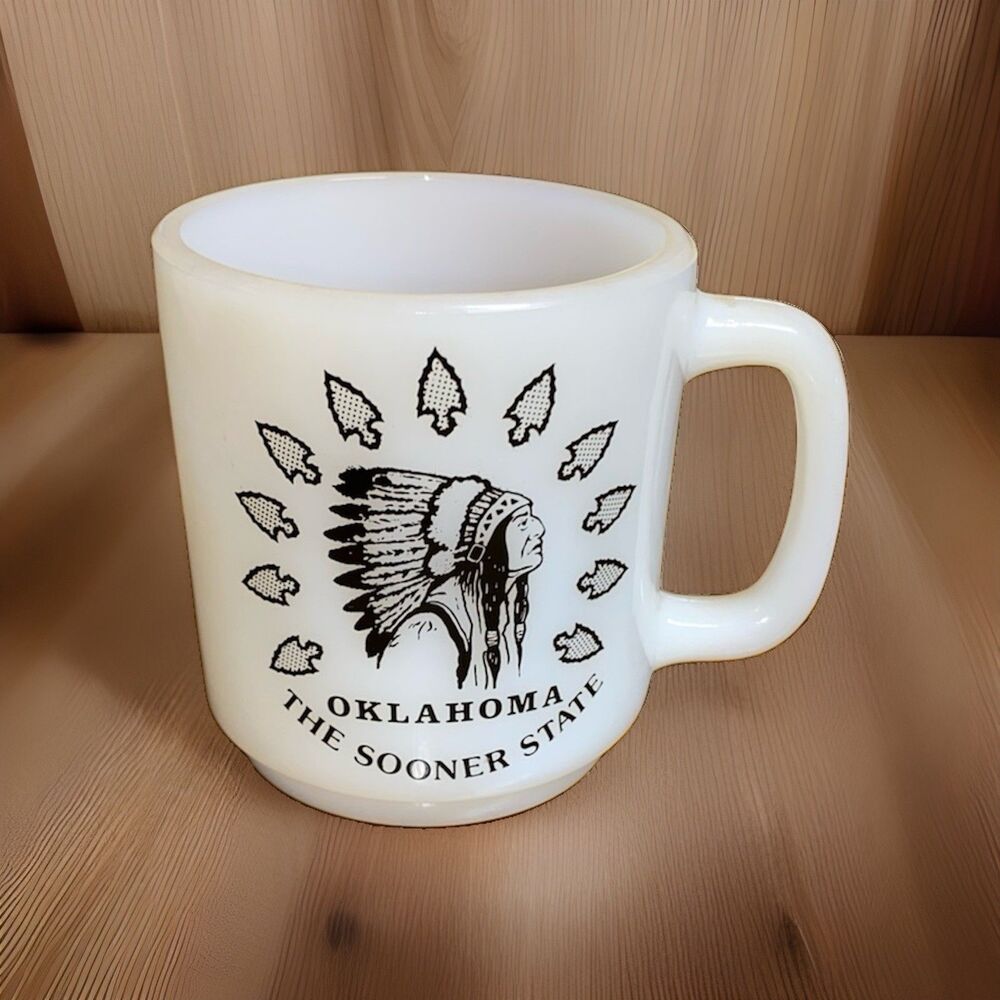 Vintage Oklahoma The Sooner State Milk Glass Mug Native American Arrowhead Vtg